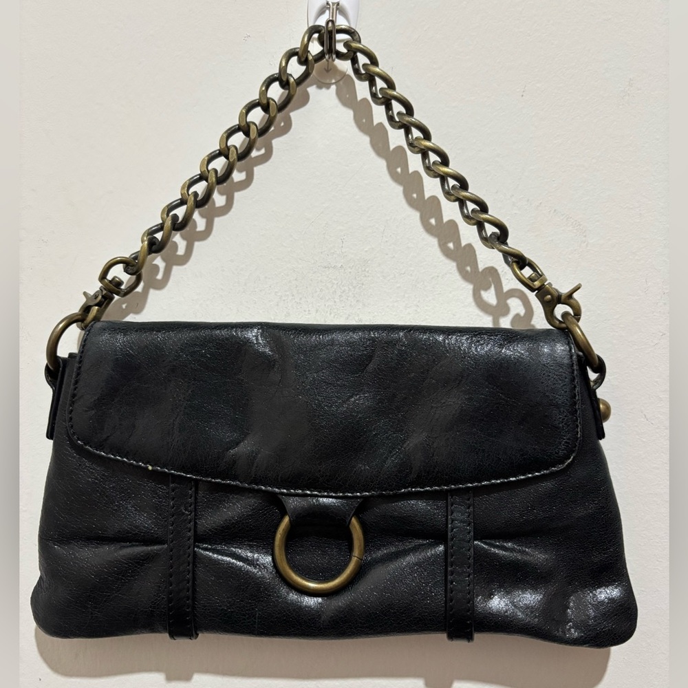 HOBO Brand Black Leather Chain Mini Strap Clutch, handheld w brass hardware